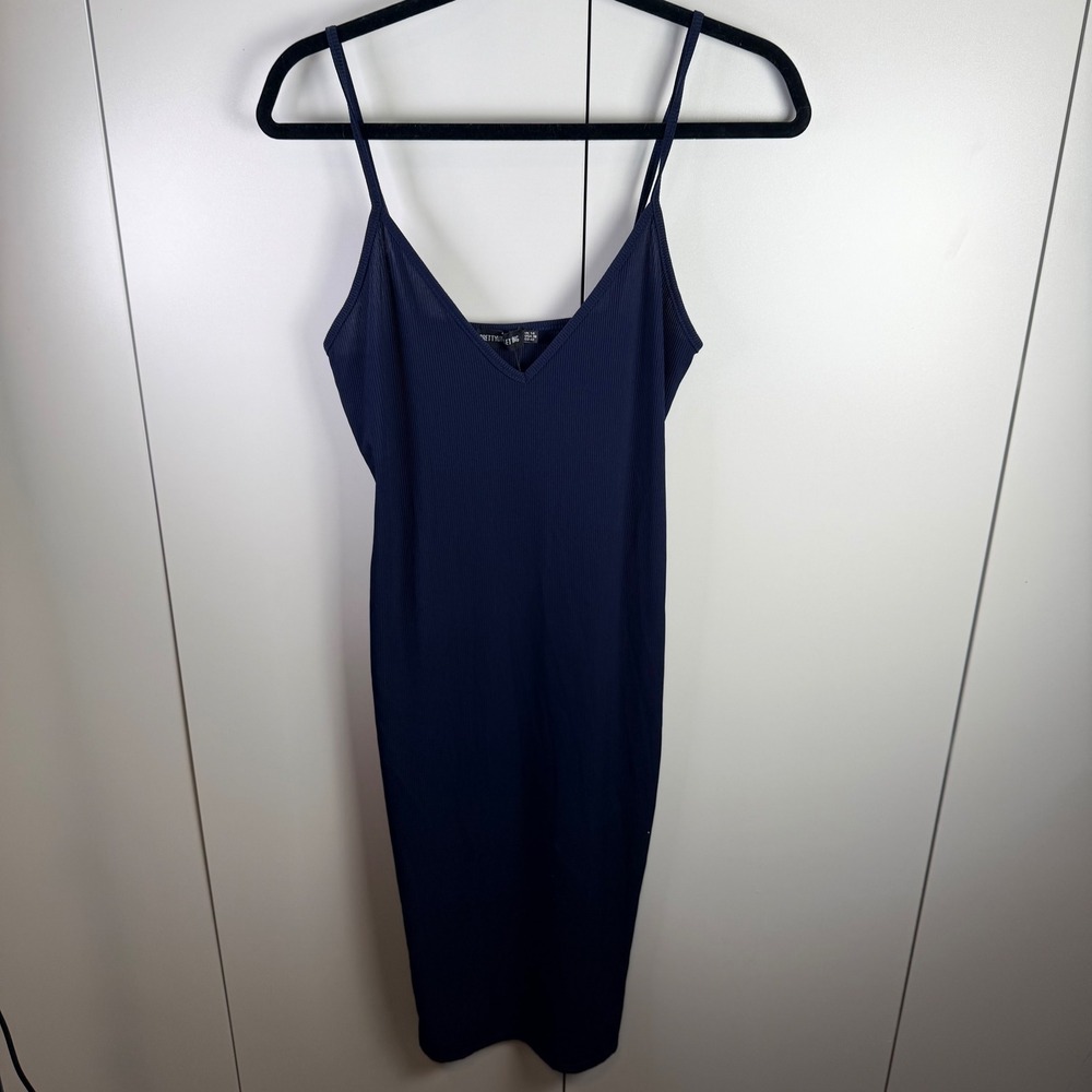 PRETTY LITTLE THING Womens‎ 10 Navy Ribbed V Neck Spaghetti Strap Midi Dress Y2K
